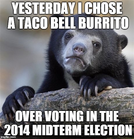 Confession Bear Meme | YESTERDAY I CHOSE A TACO BELL BURRITO OVER VOTING IN THE 2014 MIDTERM ELECTION | image tagged in memes,confession bear | made w/ Imgflip meme maker