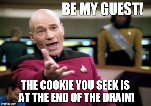 Picard Wtf Meme | BE MY GUEST! THE COOKIE YOU SEEK IS AT THE END OF THE DRAIN! | image tagged in memes,picard wtf | made w/ Imgflip meme maker