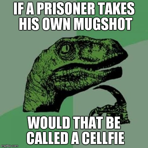 Philosoraptor | IF A PRISONER TAKES HIS OWN MUGSHOT WOULD THAT BE CALLED A CELLFIE | image tagged in memes,philosoraptor | made w/ Imgflip meme maker