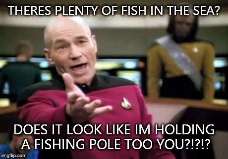 Picard Wtf | THERES PLENTY OF FISH IN THE SEA? DOES IT LOOK LIKE IM HOLDING A FISHING POLE TOO YOU?!?!? | image tagged in memes,picard wtf | made w/ Imgflip meme maker