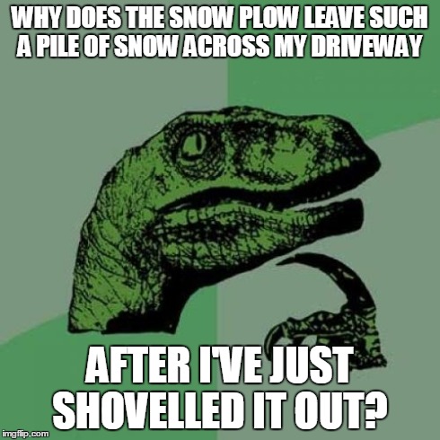Philosoraptor Meme | WHY DOES THE SNOW PLOW LEAVE SUCH A PILE OF SNOW ACROSS MY DRIVEWAY AFTER I'VE JUST SHOVELLED IT OUT? | image tagged in memes,philosoraptor | made w/ Imgflip meme maker
