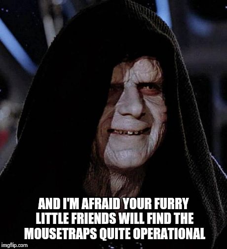 AND I'M AFRAID YOUR FURRY LITTLE FRIENDS WILL FIND THE MOUSETRAPS QUITE OPERATIONAL | image tagged in emperor | made w/ Imgflip meme maker