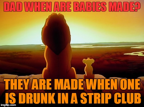 The Truth These Days | DAD WHEN ARE BABIES MADE? THEY ARE MADE WHEN ONE IS DRUNK IN A STRIP CLUB | image tagged in memes,lion king | made w/ Imgflip meme maker
