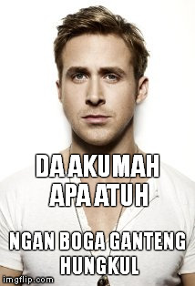 Ryan Gosling | DA AKUMAH APA ATUH NGAN BOGA GANTENG HUNGKUL | image tagged in memes,ryan gosling | made w/ Imgflip meme maker