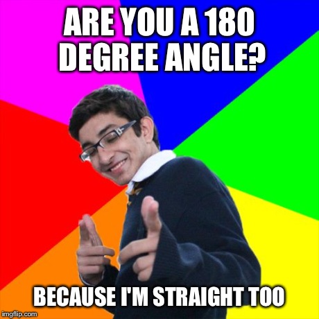 Subtle Pickup Liner | ARE YOU A 180 DEGREE ANGLE? BECAUSE I'M STRAIGHT TOO | image tagged in memes,subtle pickup liner,funny | made w/ Imgflip meme maker