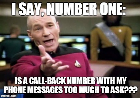 Picard Wtf Meme | I SAY, NUMBER ONE: IS A CALL-BACK NUMBER WITH MY PHONE MESSAGES TOO MUCH TO ASK??? | image tagged in memes,picard wtf | made w/ Imgflip meme maker