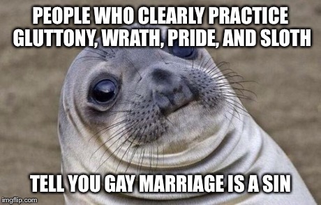 Awkward Moment Sealion Meme | PEOPLE WHO CLEARLY PRACTICE GLUTTONY, WRATH, PRIDE, AND SLOTH TELL YOU GAY MARRIAGE IS A SIN | image tagged in memes,awkward moment sealion,AdviceAnimals | made w/ Imgflip meme maker