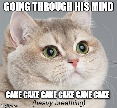 Heavy Breathing Cat | GOING THROUGH HIS MIND CAKE CAKE CAKE CAKE CAKE CAKE | image tagged in memes,heavy breathing cat | made w/ Imgflip meme maker