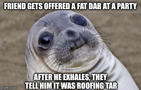 Awkward Moment Sealion | FRIEND GETS OFFERED A FAT DAB AT A PARTY AFTER HE EXHALES, THEY TELL HIM IT WAS ROOFING TAR | image tagged in memes,awkward moment sealion | made w/ Imgflip meme maker