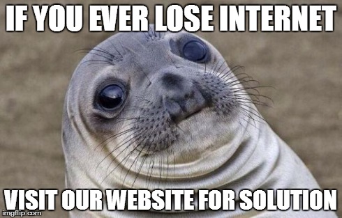 Awkward Moment Sealion Meme | IF YOU EVER LOSE INTERNET VISIT OUR WEBSITE FOR SOLUTION | image tagged in memes,awkward moment sealion | made w/ Imgflip meme maker