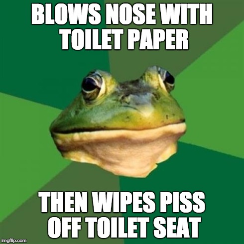 Foul Bachelor Frog Meme | BLOWS NOSE WITH TOILET PAPER THEN WIPES PISS OFF TOILET SEAT | image tagged in memes,foul bachelor frog,AdviceAnimals | made w/ Imgflip meme maker