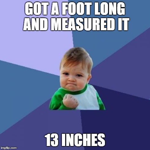 Success Kid | GOT A FOOT LONG AND MEASURED IT 13 INCHES | image tagged in memes,success kid | made w/ Imgflip meme maker