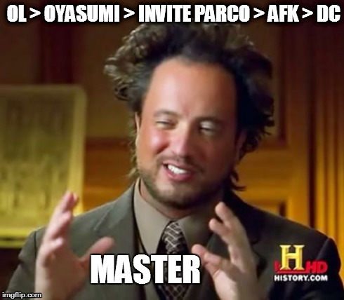 Master Guild Daily Task | OL > OYASUMI > INVITE PARCO > AFK > DC MASTER | image tagged in memes,ancient aliens,digimon master online,bigbrother | made w/ Imgflip meme maker