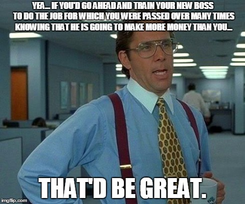 That Would Be Great Meme | YEA... IF YOU'D GO AHEAD AND TRAIN YOUR NEW BOSS TO DO THE JOB FOR WHICH YOU WERE PASSED OVER MANY TIMES KNOWING THAT HE IS GOING TO MAKE MO | image tagged in memes,that would be great | made w/ Imgflip meme maker