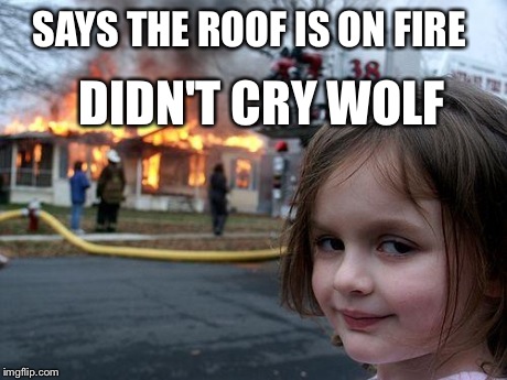 Disaster Girl Meme | SAYS THE ROOF IS ON FIRE DIDN'T CRY WOLF | image tagged in memes,disaster girl | made w/ Imgflip meme maker