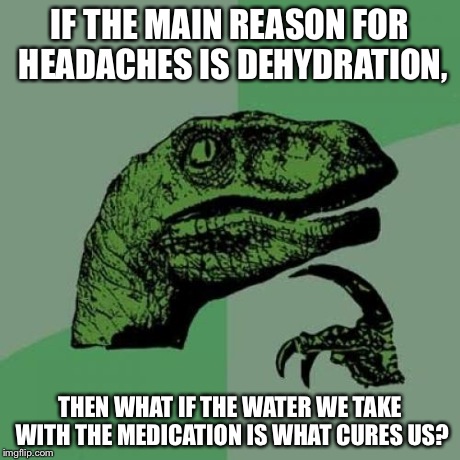 Philosoraptor Meme | IF THE MAIN REASON FOR HEADACHES IS DEHYDRATION, THEN WHAT IF THE WATER WE TAKE WITH THE MEDICATION IS WHAT CURES US? | image tagged in memes,philosoraptor | made w/ Imgflip meme maker