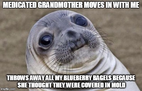 Awkward Moment Sealion | MEDICATED GRANDMOTHER MOVES IN WITH ME THROWS AWAY ALL MY BLUEBERRY BAGELS BECAUSE SHE THOUGHT THEY WERE COVERED IN MOLD | image tagged in memes,awkward moment sealion,AdviceAnimals | made w/ Imgflip meme maker