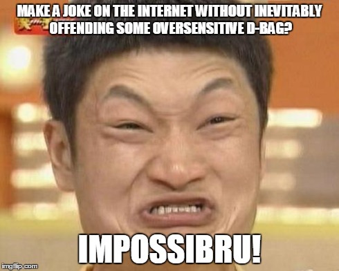 Lighten up y'all, it's the internet, not church. | MAKE A JOKE ON THE INTERNET WITHOUT INEVITABLY OFFENDING SOME OVERSENSITIVE D-BAG? IMPOSSIBRU! | image tagged in memes,impossibru guy original | made w/ Imgflip meme maker