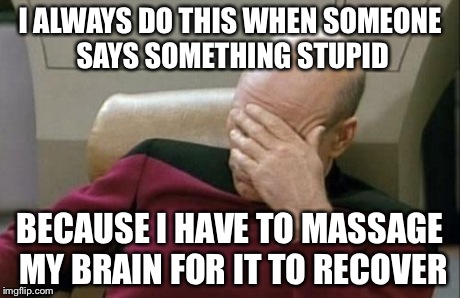 Captain Picard Facepalm | I ALWAYS DO THIS WHEN SOMEONE SAYS SOMETHING STUPID BECAUSE I HAVE TO MASSAGE MY BRAIN FOR IT TO RECOVER | image tagged in memes,captain picard facepalm | made w/ Imgflip meme maker