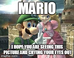 MARIO I HOPE YOU ARE SEEING THIS PICTURE AND CRYING YOUR EYES OUT | image tagged in luigixpeach | made w/ Imgflip meme maker