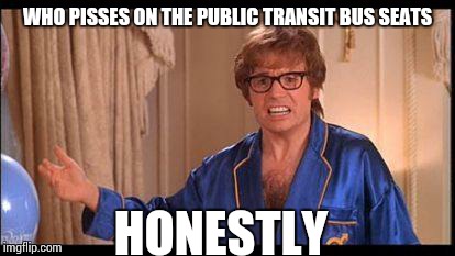 Austin Powers Honestly | WHO PISSES ON THE PUBLIC TRANSIT BUS SEATS HONESTLY | image tagged in austin powers honestly | made w/ Imgflip meme maker