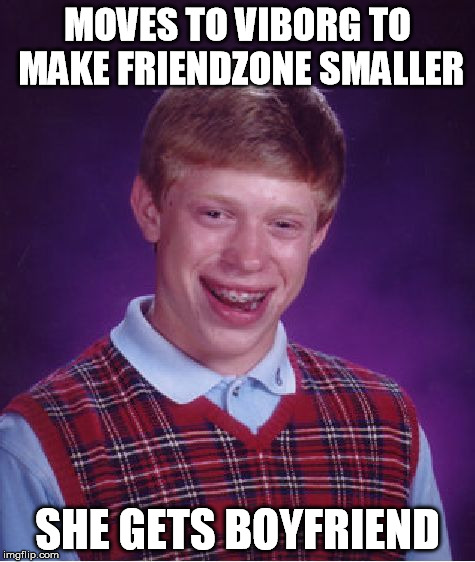 Bad Luck Brian Meme | MOVES TO VIBORG TO MAKE FRIENDZONE SMALLER SHE GETS BOYFRIEND | image tagged in memes,bad luck brian | made w/ Imgflip meme maker
