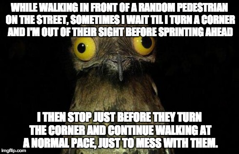 weird stuff i do pootoo | WHILE WALKING IN FRONT OF A RANDOM PEDESTRIAN ON THE STREET, SOMETIMES I WAIT TIL I TURN A CORNER AND I'M OUT OF THEIR SIGHT BEFORE SPRINTIN | image tagged in weird stuff i do pootoo,AdviceAnimals | made w/ Imgflip meme maker