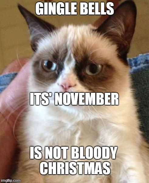 Grumpy Cat Meme | GINGLE BELLS ITS' NOVEMBER IS NOT BLOODY CHRISTMAS | image tagged in memes,grumpy cat | made w/ Imgflip meme maker