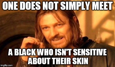 ONE DOES NOT SIMPLY MEET A BLACK WHO ISN'T SENSITIVE ABOUT THEIR SKIN | image tagged in memes,one does not simply | made w/ Imgflip meme maker