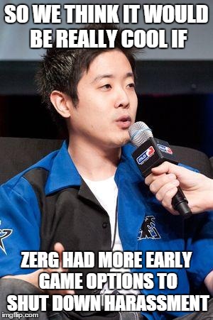 David Kim | SO WE THINK IT WOULD BE REALLY COOL IF ZERG HAD MORE EARLY GAME OPTIONS TO SHUT DOWN HARASSMENT | image tagged in david kim | made w/ Imgflip meme maker