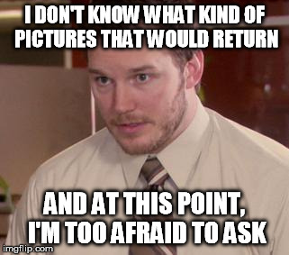 Afraid To Ask Andy Meme | I DON'T KNOW WHAT KIND OF PICTURES THAT WOULD RETURN AND AT THIS POINT, I'M TOO AFRAID TO ASK | image tagged in afraid andy | made w/ Imgflip meme maker