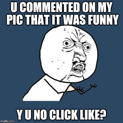 Y U No | U COMMENTED ON MY PIC THAT IT WAS FUNNY Y U NO CLICK LIKE? | image tagged in memes,y u no | made w/ Imgflip meme maker