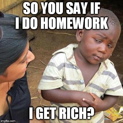ill get rich? | SO YOU SAY IF I DO HOMEWORK I GET RICH? | image tagged in memes,third world skeptical kid | made w/ Imgflip meme maker
