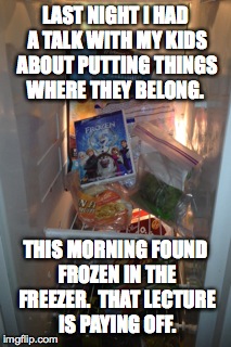 Frozen is Frozen | LAST NIGHT I HAD A TALK WITH MY KIDS ABOUT PUTTING THINGS WHERE THEY BELONG. THIS MORNING FOUND FROZEN IN THE FREEZER.  THAT LECTURE IS PAYI | image tagged in frozen,disney,movie,kids,cold | made w/ Imgflip meme maker