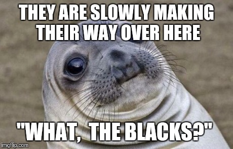 Awkward Moment Sealion Meme | THEY ARE SLOWLY MAKING THEIR WAY OVER HERE "WHAT,  THE BLACKS?" | image tagged in memes,awkward moment sealion | made w/ Imgflip meme maker