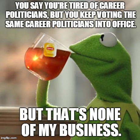 But That's None Of My Business Meme | YOU SAY YOU'RE TIRED OF CAREER POLITICIANS, BUT YOU KEEP VOTING THE SAME CAREER POLITICIANS INTO OFFICE. BUT THAT'S NONE OF MY BUSINESS. | image tagged in memes,but thats none of my business,kermit the frog | made w/ Imgflip meme maker