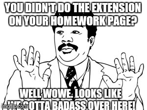 Neil deGrasse Tyson | YOU DIDN'T DO THE EXTENSION ON YOUR HOMEWORK PAGE? WELL WOWE. LOOKS LIKE WE GOTTA BADASS OVER HERE! | image tagged in memes,neil degrasse tyson | made w/ Imgflip meme maker