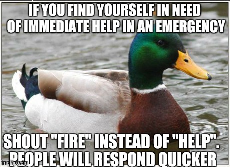 Actual Advice Mallard | IF YOU FIND YOURSELF IN NEED OF IMMEDIATE HELP IN AN EMERGENCY SHOUT "FIRE" INSTEAD OF "HELP". PEOPLE WILL RESPOND QUICKER | image tagged in memes,actual advice mallard | made w/ Imgflip meme maker