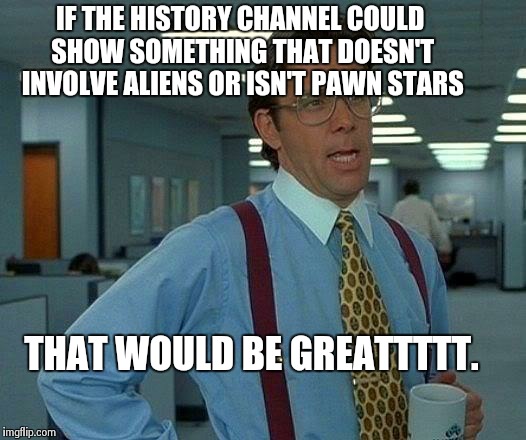 I must be the only one who likes history... | IF THE HISTORY CHANNEL COULD SHOW SOMETHING THAT DOESN'T INVOLVE ALIENS OR ISN'T PAWN STARS THAT WOULD BE GREATTTTT. | image tagged in memes,that would be great,aliens,ancient aliens,pawn stars,history channel | made w/ Imgflip meme maker