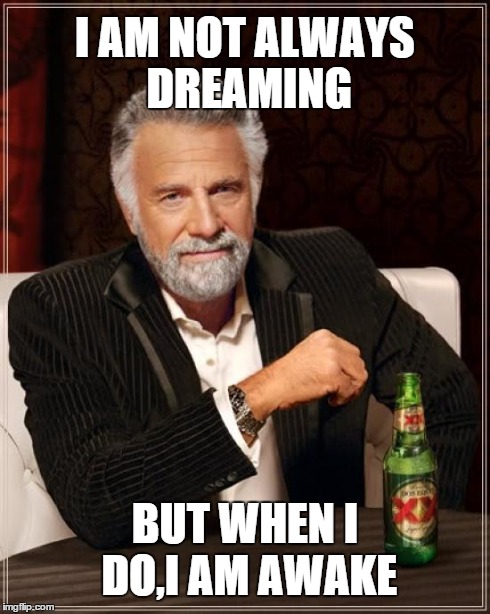 The Most Interesting Man In The World Meme | I AM NOT ALWAYS DREAMING BUT WHEN I DO,I AM AWAKE | image tagged in memes,the most interesting man in the world | made w/ Imgflip meme maker