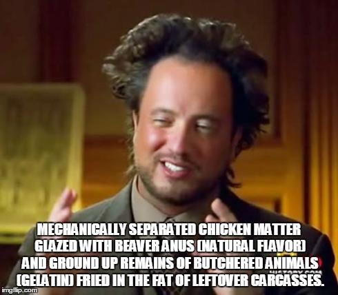 Ancient Aliens Meme | MECHANICALLY SEPARATED CHICKEN MATTER GLAZED WITH BEAVER ANUS (NATURAL FLAVOR) AND GROUND UP REMAINS OF BUTCHERED ANIMALS (GELATIN) FRIED IN | image tagged in memes,ancient aliens | made w/ Imgflip meme maker