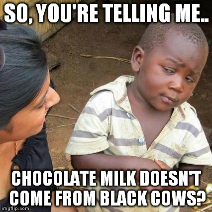 Black cows. | SO, YOU'RE TELLING ME.. CHOCOLATE MILK DOESN'T COME FROM BLACK COWS? | image tagged in memes,third world skeptical kid | made w/ Imgflip meme maker