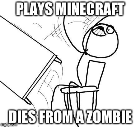 Table Flip Guy Meme | PLAYS MINECRAFT DIES FROM A ZOMBIE | image tagged in memes,table flip guy | made w/ Imgflip meme maker