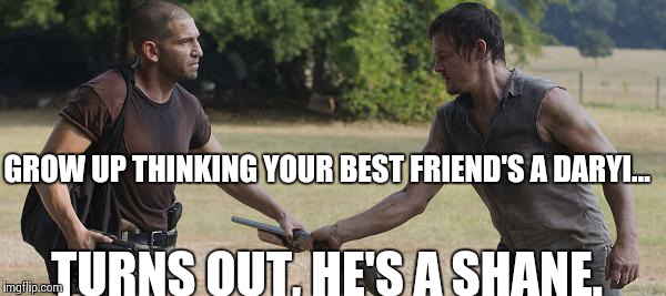 True or False | GROW UP THINKING YOUR BEST FRIEND'S A DARYI... TURNS OUT, HE'S A SHANE. | image tagged in daryl,shane,friends,walking dead | made w/ Imgflip meme maker