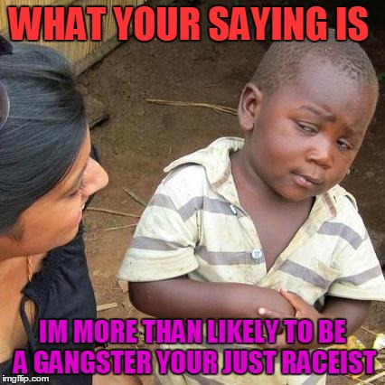 Third World Skeptical Kid Meme | WHAT YOUR SAYING IS IM MORE THAN LIKELY TO BE A GANGSTER
YOUR JUST RACEIST | image tagged in memes,third world skeptical kid | made w/ Imgflip meme maker