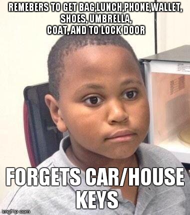 Minor Mistake Marvin | REMEBERS TO GET BAG,LUNCH,PHONE,WALLET, SHOES, UMBRELLA, COAT, AND TO LOCK DOOR FORGETS CAR/HOUSE KEYS | image tagged in minor mistake marvin | made w/ Imgflip meme maker