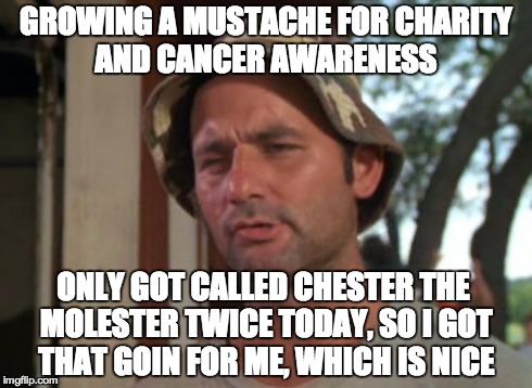 So I Got That Goin For Me Which Is Nice Meme | GROWING A MUSTACHE FOR CHARITY AND CANCER AWARENESS ONLY GOT CALLED CHESTER THE MOLESTER TWICE TODAY, SO I GOT THAT GOIN FOR ME, WHICH IS NI | image tagged in memes,so i got that goin for me which is nice,funny | made w/ Imgflip meme maker