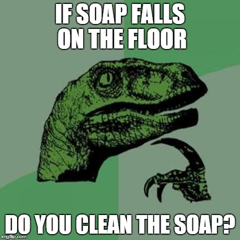 Philosoraptor Meme | IF SOAP FALLS ON THE FLOOR DO YOU CLEAN THE SOAP? | image tagged in memes,philosoraptor,AdviceAnimals | made w/ Imgflip meme maker