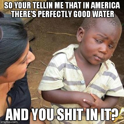 Third World Skeptical Kid Meme | SO YOUR TELLIN ME THAT IN AMERICA THERE'S PERFECTLY GOOD WATER AND YOU SHIT IN IT? | image tagged in memes,third world skeptical kid | made w/ Imgflip meme maker