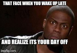 Kevin Hart | THAT FACE WHEN YOU WAKE UP LATE AND REALIZE ITS YOUR DAY OFF | image tagged in memes,kevin hart the hell | made w/ Imgflip meme maker
